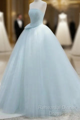 A-Line Satin Tulle Blue Quinceanera Dress Long Semi Formal Prom Dress Ball Gown Off Shoulder