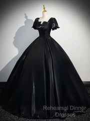 A-Line Short Sleeve Black Satin Long Semi Formal Prom Dress, Black Long Formal Dress