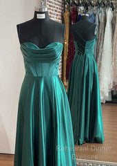 A-Line Silk Like Emerald Green Satin Semi Formal Prom Dresses  Ruched Pleated