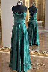 A-Line Silk Like Emerald Green Satin Semi Formal Prom Dresses  Ruched Pleated