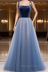 A Line Sleeveless Floor Length Blue Semi Formal Prom Dresses, Blue Long Formal Bridesmaid Evening Dresses