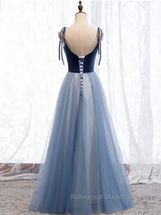 A Line Sleeveless Floor Length Blue Semi Formal Prom Dresses, Blue Long Formal Bridesmaid Evening Dresses