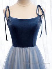 A Line Sleeveless Floor Length Blue Semi Formal Prom Dresses, Blue Long Formal Bridesmaid Evening Dresses