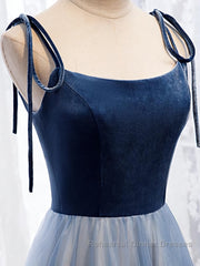 A Line Sleeveless Floor Length Blue Semi Formal Prom Dresses, Blue Long Formal Bridesmaid Evening Dresses