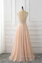 A Line Sleeveless Rhinestone Chiffon Long Semi Formal Prom Dress Floor Length Sparkly