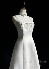 A-Line Spaghetti Strap Beaded Satin Long Semi Formal Prom Dress White Wedding Dress Graduation Semi Formal Prom Dress