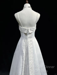 A-Line Spaghetti Strap Beaded Satin Long Semi Formal Prom Dress White Wedding Dress Graduation Semi Formal Prom Dress