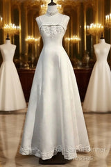A-Line Spaghetti Strap Beaded Satin Long Semi Formal Prom Dress White Wedding Dress Graduation Semi Formal Prom Dress