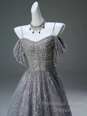 A-Line Spaghetti Strap Mesh Sequin Long Semi Formal Prom Dress Graduation Semi Formal Prom Adult Ceremony Dress