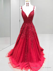 A-line Spaghetti Straps Appliques Lace Sweep Train Tulle Dress