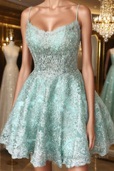 A-Line Spaghetti Straps Backless Mint Green Lace Short Semi Formal Prom Dresses, Backless Mint Green Lace Formal Graduation Homecoming Dresses