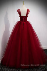 A Line Spaghetti Straps Beaded Burgundy Tulle Long Semi Formal Prom Dresses, Long Burgundy Formal Evening Dresses