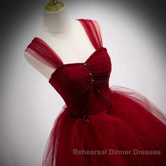 A Line Spaghetti Straps Beaded Burgundy Tulle Long Semi Formal Prom Dresses, Long Burgundy Formal Evening Dresses