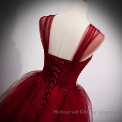 A Line Spaghetti Straps Beaded Burgundy Tulle Long Semi Formal Prom Dresses, Long Burgundy Formal Evening Dresses