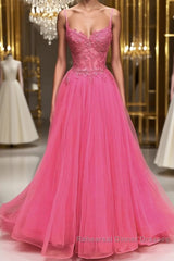 A Line Spaghetti Straps Beaded Pink Lace Long Semi Formal Prom Dresses, Pink Lace Formal Dresses, Pink Tulle Evening Dresses