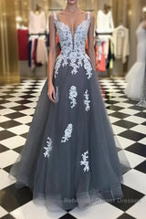 A Line Spaghetti Straps Lace Grey Tulle Long Semi Formal Prom Dresses, Grey Formal Bridesmaid Dresses, Evening Dresses