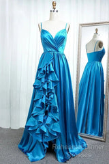 A Line Spaghetti Straps  Satin Semi Formal Prom Dresses With Slit And Flounced