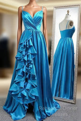 A Line Spaghetti Straps  Satin Semi Formal Prom Dresses With Slit And Flounced