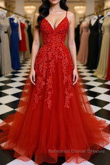 A Line Spaghetti Straps V Neck Red Lace Long Semi Formal Prom Dresses, Red Lace Formal Dresses, Red Evening Dresses