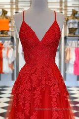 A Line Spaghetti Straps V Neck Red Lace Long Semi Formal Prom Dresses, Red Lace Formal Dresses, Red Evening Dresses