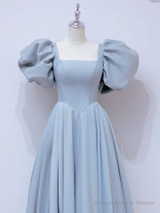 A-Line  Square Neckline Puff sleeves Long Blue Prom Dress, Blue Long Formal Dress