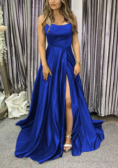 A-line Square Neckline Spaghetti Straps Sweep Train Charmeuse Prom Dresses