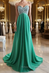 A-Line Strapless Sweetheart Neck Green Chiffon Long Semi Formal Prom Dresses, Green Evening Dresses