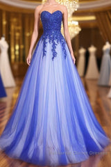 A Line Sweetheart Neck Lace Tulle Blue Long Semi Formal Prom Dresses, Blue Formal Dresses, Blue Lace Evening Dresses