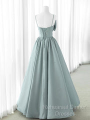 A-Line Sweetheart Neck Satin Beads Blue Long Semi Formal Prom Dress, Blue Formal Dress