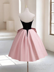 A-Line Sweetheart Neck Satin Black/Pink Short Semi Formal Prom Dress, Cute Homecoming Dress