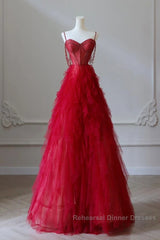 A-Line Sweetheart Neck Tulle Beads Burgundy Long Semi Formal Prom Dress
