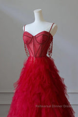 A-Line Sweetheart Neck Tulle Beads Burgundy Long Semi Formal Prom Dress