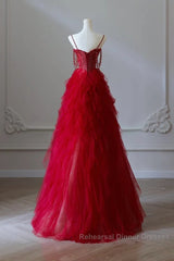 A-Line Sweetheart Neck Tulle Beads Burgundy Long Semi Formal Prom Dress