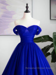 A-Line Sweetheart Neck Tulle Blue Long Semi Formal Prom Dress, Blue Long Formal Dress