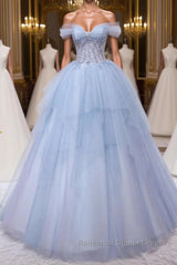 A-Line Sweetheart Neck Tulle Lace Blue Long Semi Formal Prom Dresses, Blue Formal Evening Dresses