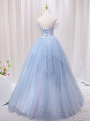 A-Line Sweetheart Neck Tulle Lace Blue Long Semi Formal Prom Dresses, Blue Formal Evening Dresses