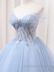 A-Line Sweetheart Neck Tulle Lace Blue Long Semi Formal Prom Dresses, Blue Formal Evening Dresses