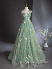 A-Line Sweetheart Neck Tulle Lace Green Long Semi Formal Prom Dress