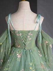 A-Line Sweetheart Neck Tulle Lace Green Long Semi Formal Prom Dress