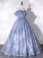 A-Line Sweetheart Neck Tulle Lace Long Semi Formal Prom Dresses, Blue Sweet 16 Dresses