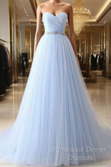 A-Line Sweetheart Neck Tulle Light Sky Blue Long Semi Formal Prom Dress