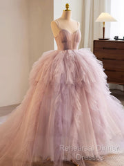 A-Line Sweetheart Neck Tulle Pink Long Semi Formal Prom Dress, Pink Evening Dress