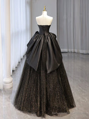 A-Line Sweetheart Neck Tulle Satin Black Long Prom Dress, Black Long Evening Dress