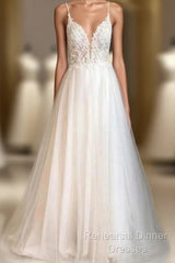 A-Line Thin Shoulder Strap Beach Wedding Dress Lace And Floor Length Wedding Dress