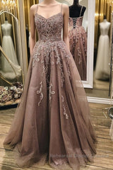 A Line Thin Strap Lace Long Semi Formal Prom Dresses, Lace Formal Dresses, Evening Dresses