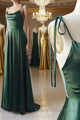 A Line Thin Straps Green Long Semi Formal Prom Dresses, Green Formal Graduation Evening Dresses