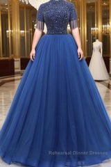 A-Line Tulle Blue Long Semi Formal Prom Dresses, Blue Formal Evening Dresses with Beading