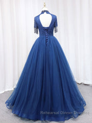 A-Line Tulle Blue Long Semi Formal Prom Dresses, Blue Formal Evening Dresses with Beading