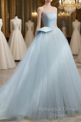 A-Line Tulle Blue Long Semi Formal Prom Dress, Blue Tulle Long Formal Dress