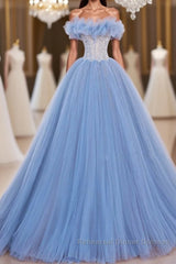A-Line Tulle Lace Blue Long Semi Formal Prom Dresses, Blue Lace Long Formal Dresses